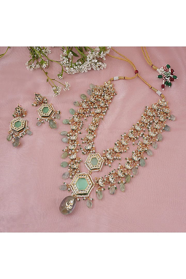 Gold Finish Kundan Polki Layered Necklace Set