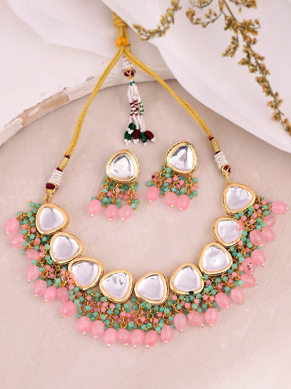 Gold plated pink beads kundan jewellery set