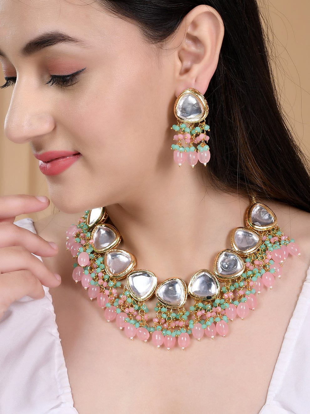 Gold plated pink beads kundan jewellery set - Image 2