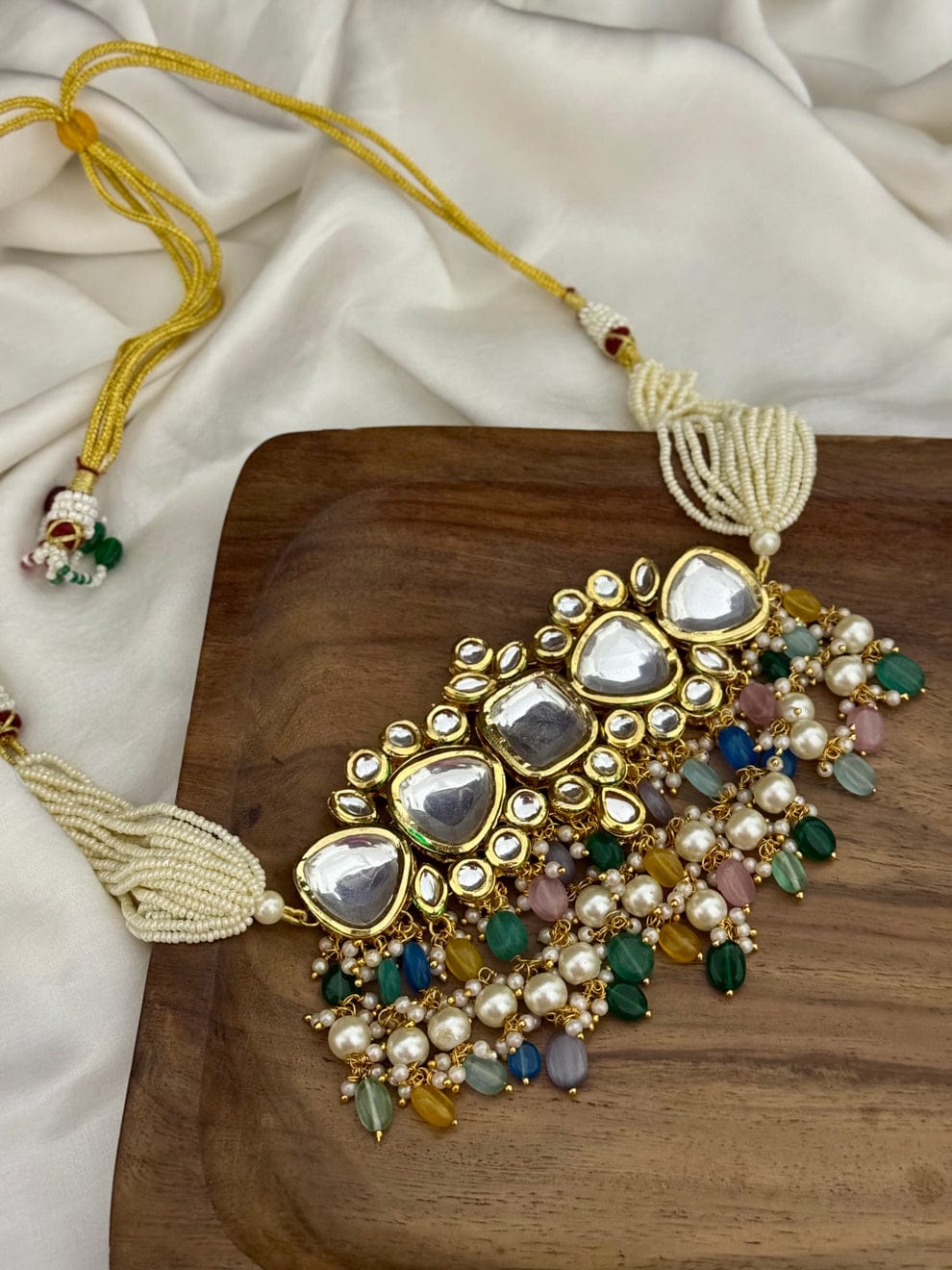 Gold Plated Kundan Necklace With Multi Beads