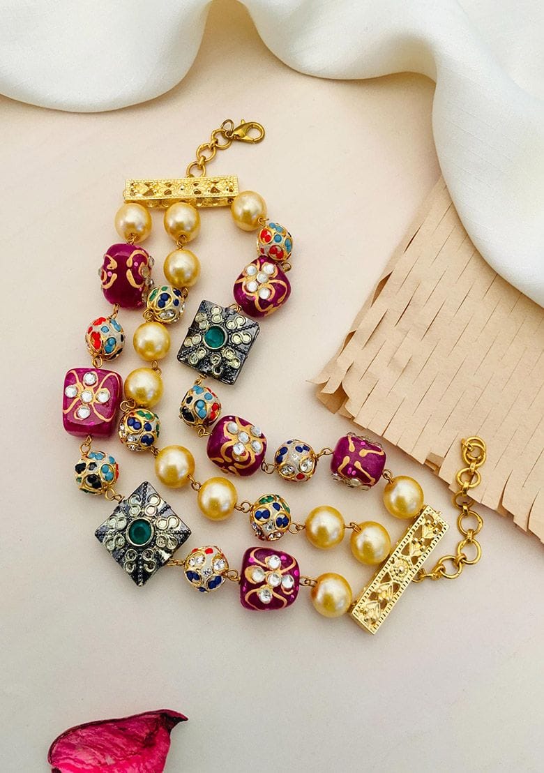 Ruby Wine Red Multicolour Jaipuri Beads Stone Hand Bracelet - Image 2