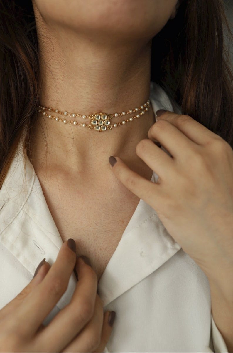 Gold Plated Kundan Polki & Pearl Necklace