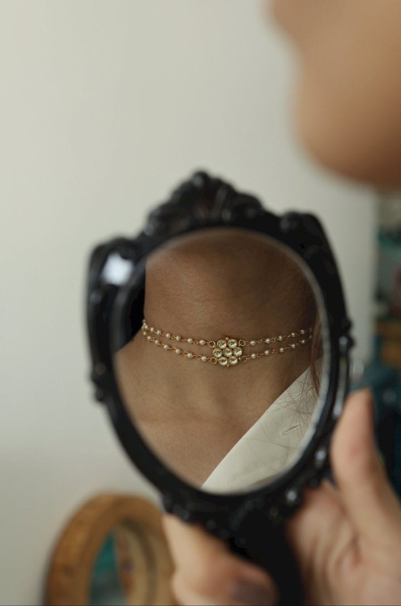 Gold Plated Kundan Polki & Pearl Necklace - Image 3