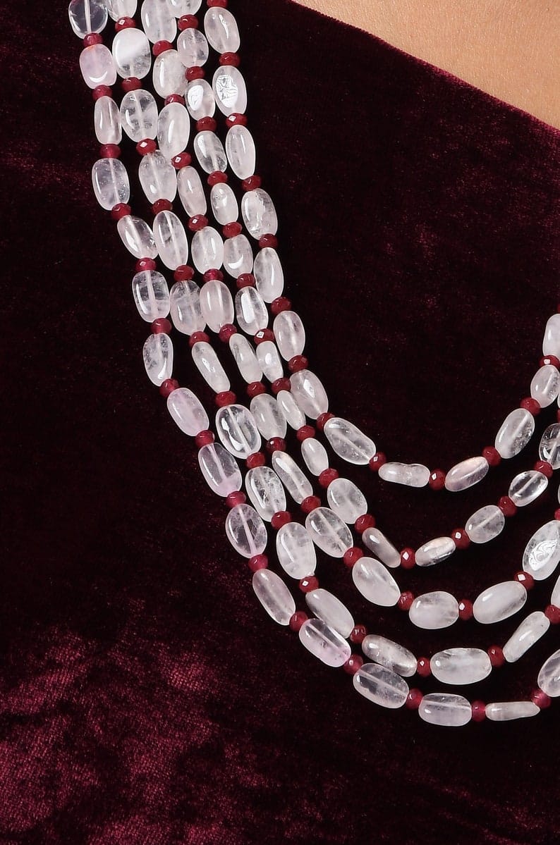 Pink Rose Quartz & Ruby Red Multilayered Necklace: Handcrafted Beaded Jewelry - Image 4