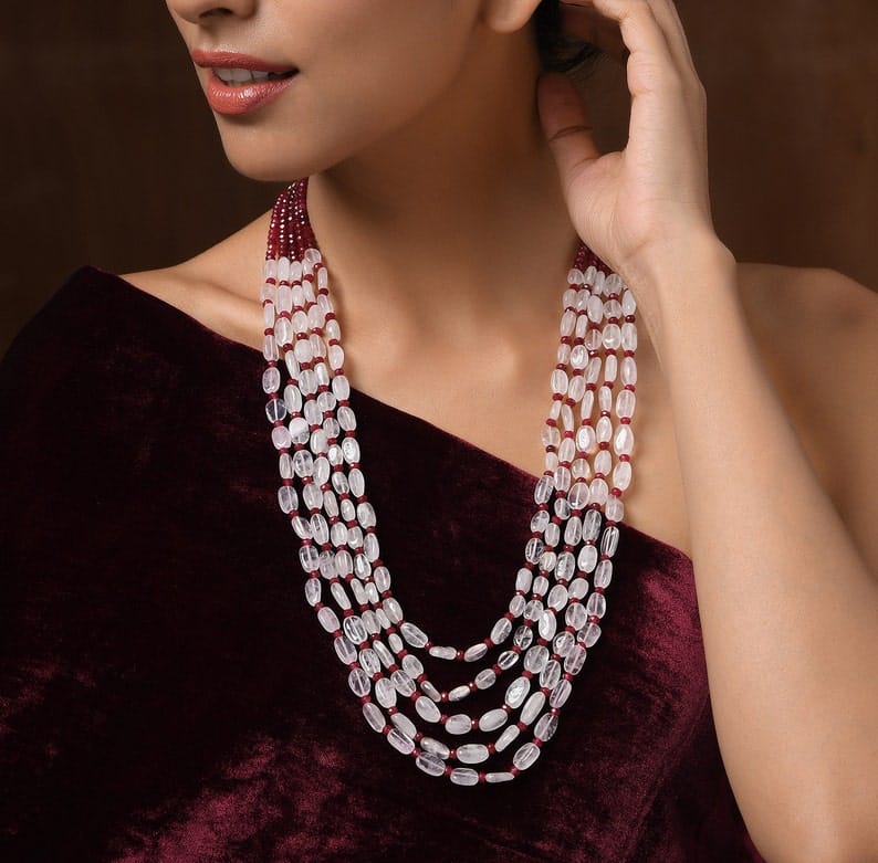 Pink Rose Quartz & Ruby Red Multilayered Necklace: Handcrafted Beaded Jewelry - Image 3
