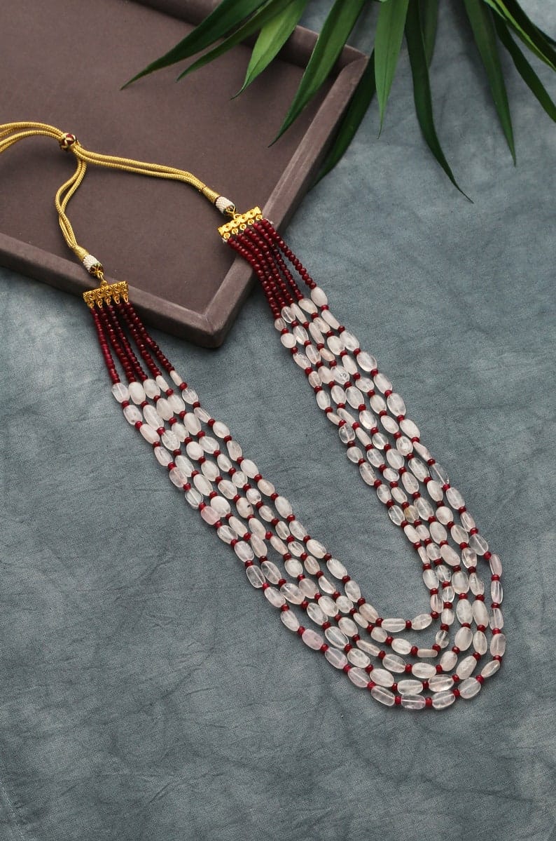 Pink Rose Quartz & Ruby Red Multilayered Necklace: Handcrafted Beaded Jewelry