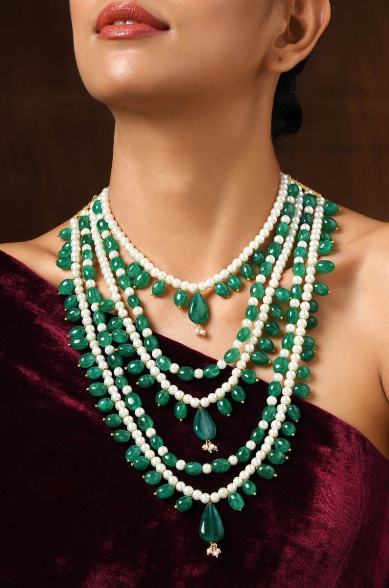 Green Pearl Beaded Necklace: 22k Gold Plated Indian Jewelry - Image 3