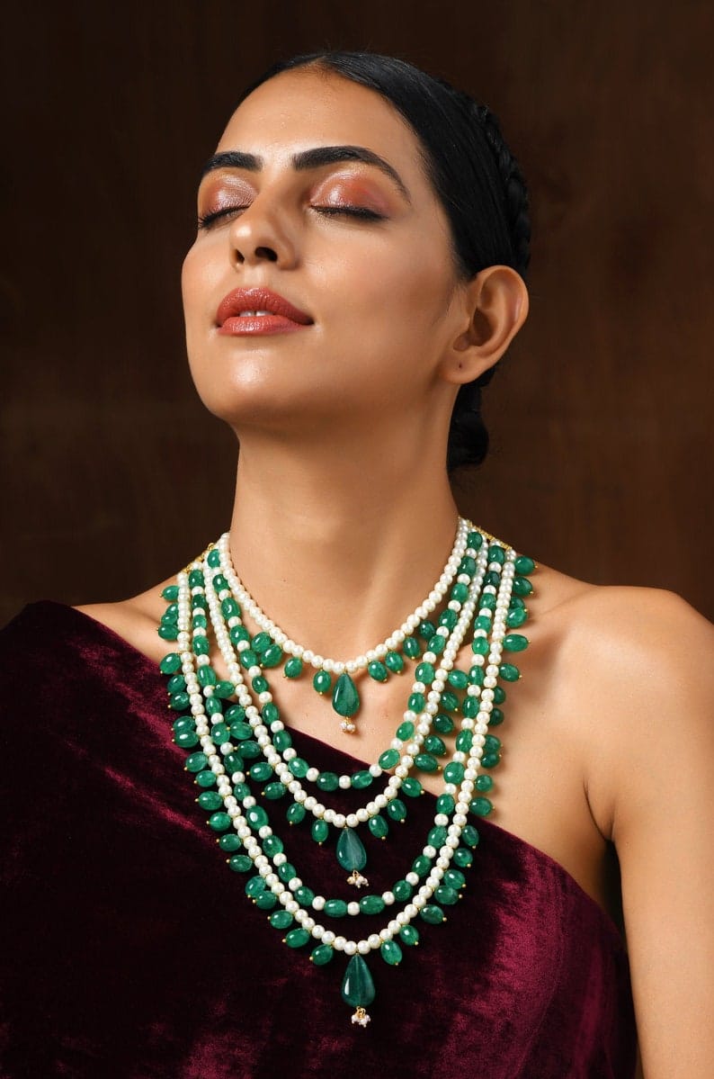 Green Pearl Beaded Necklace: 22k Gold Plated Indian Jewelry - Image 2