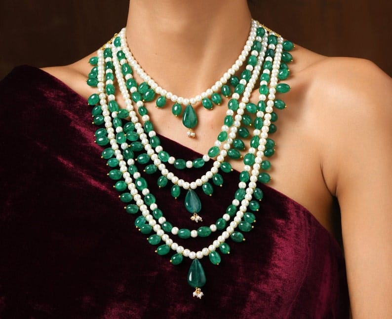 Green Pearl Beaded Necklace: 22k Gold Plated Indian Jewelry - Image 4