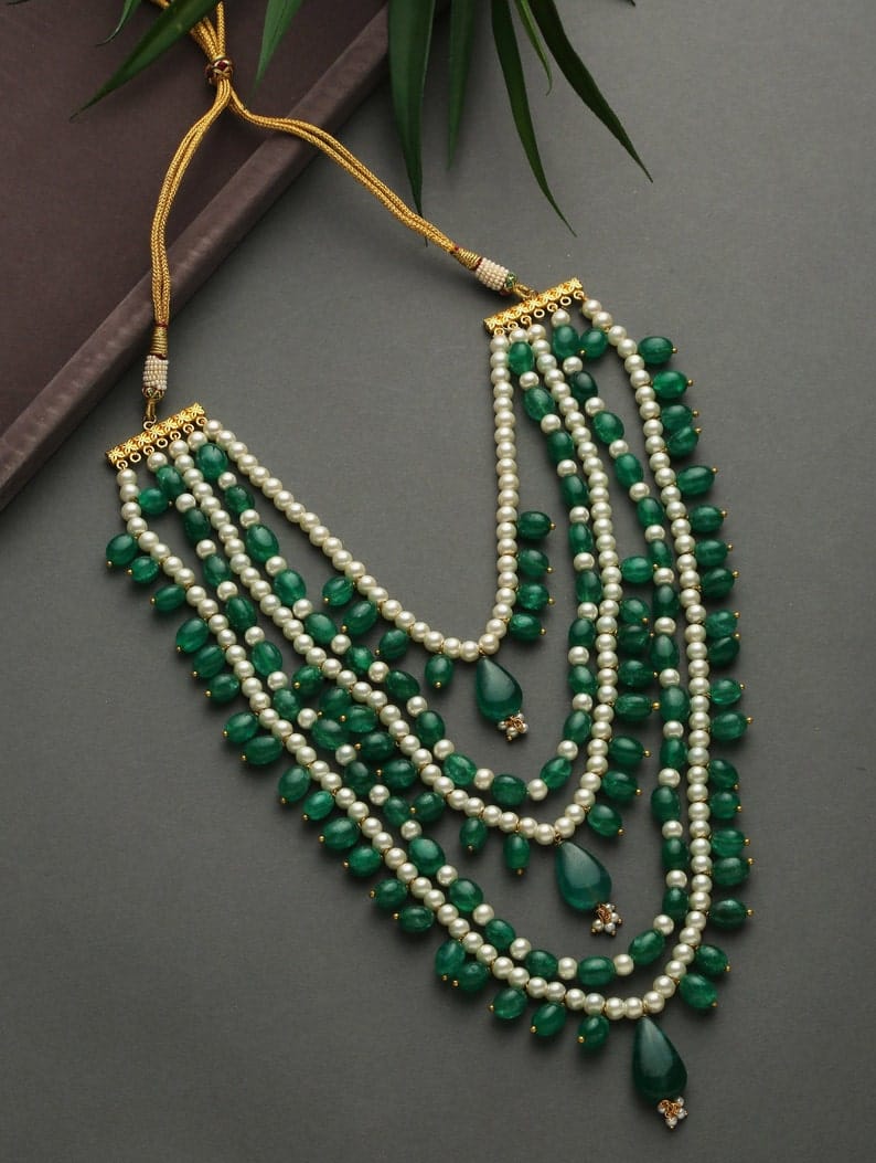 Green Pearl Beaded Necklace: 22k Gold Plated Indian Jewelry