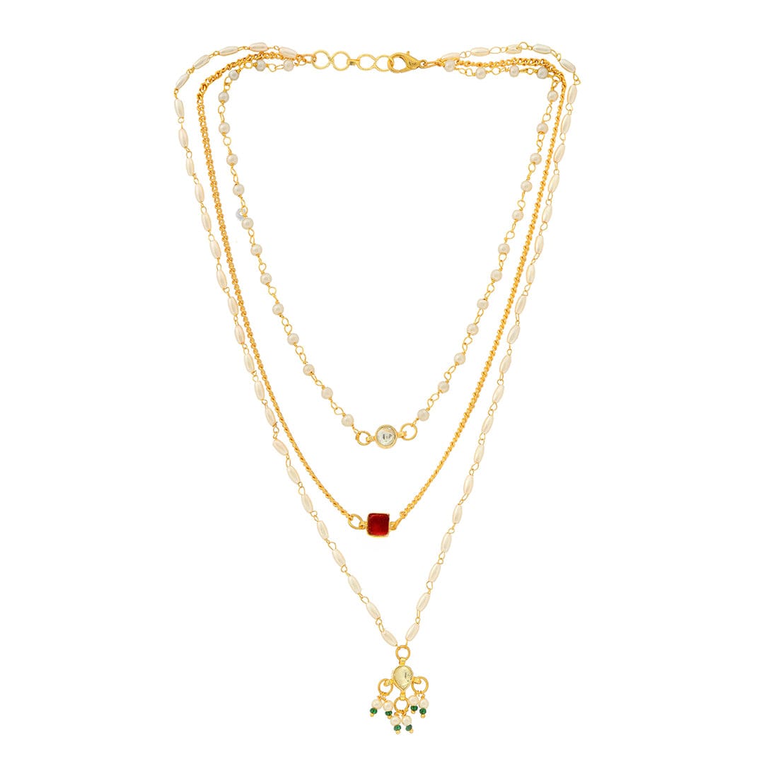 White & Gold, Red Stone Kundan Necklace - Image 3