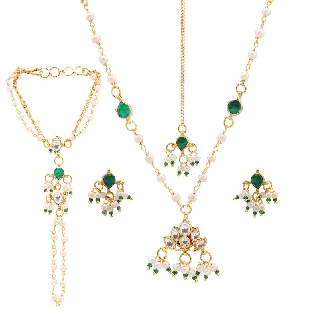 Kids Kundan Green Stone Combo Jewelry Set - Image 3