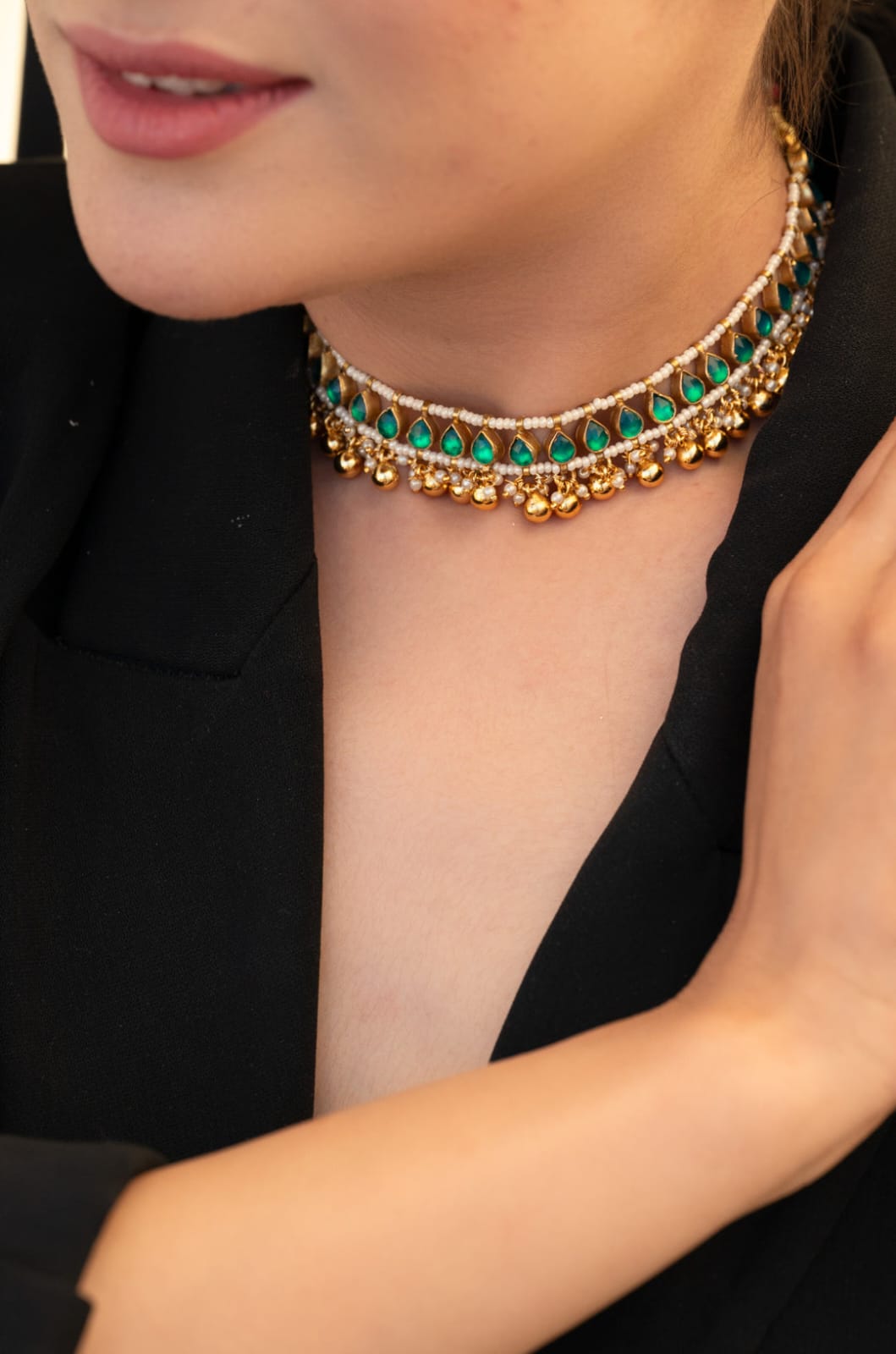 Green Beaded Kundan Necklace - Image 3