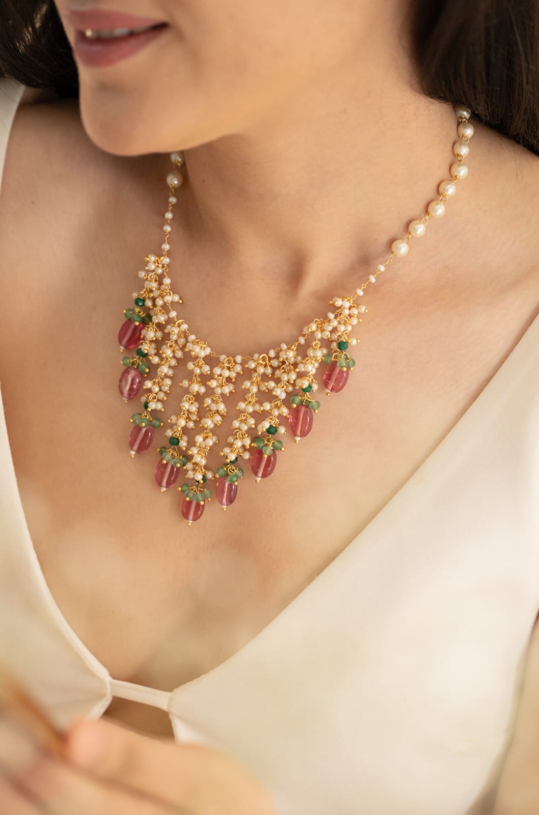 Handmade Peral Necklace With Pink Beads - Image 3