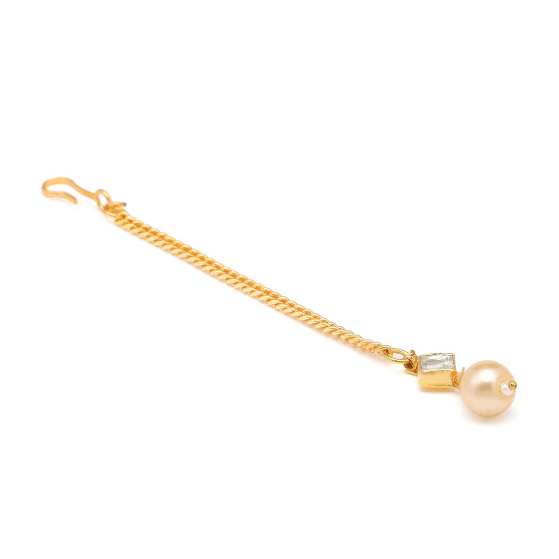 Square Shaped Kundan Stud Earrings & Maang Tikka Jewelry Set With Pearls Bead Drop - Image 6