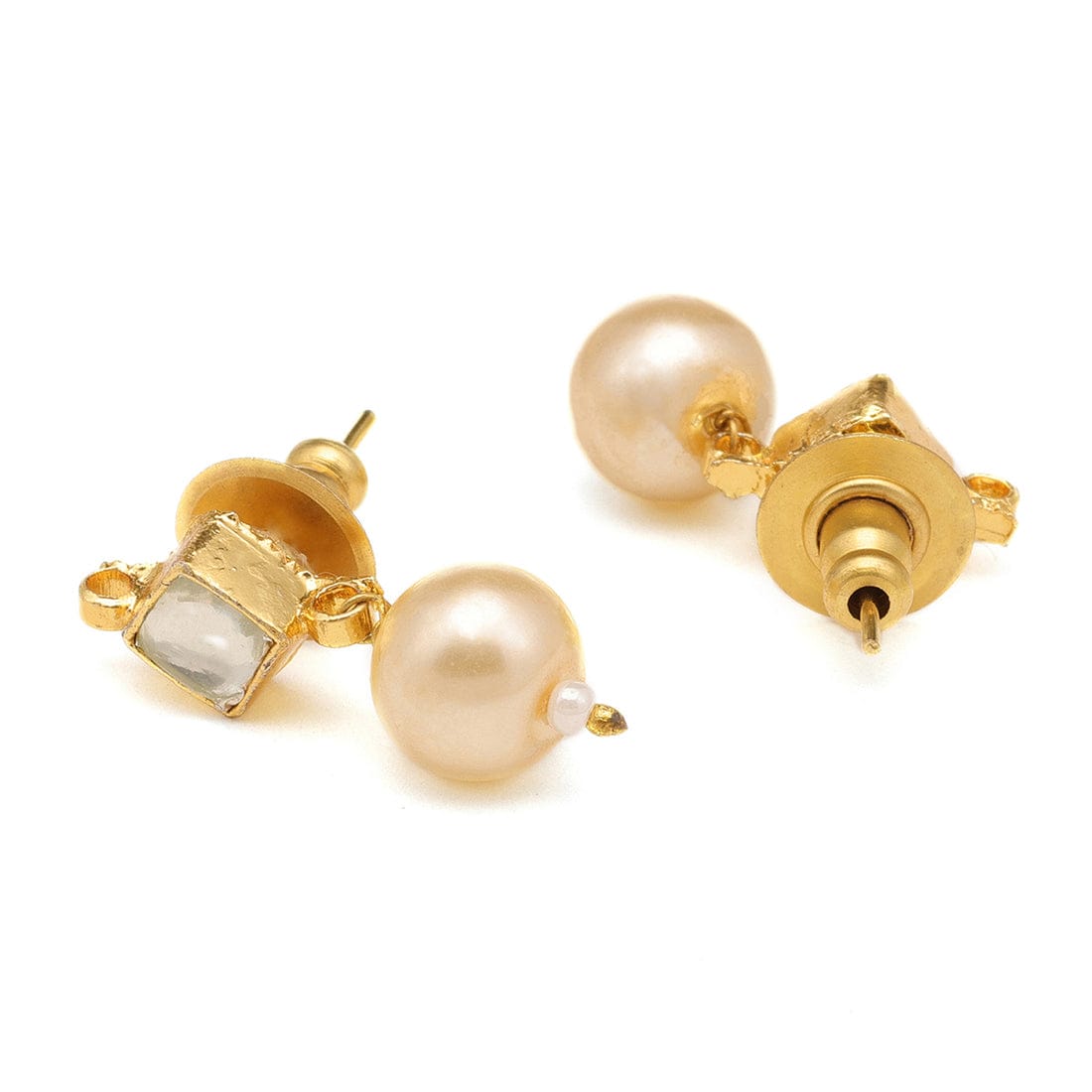 Square Shaped Kundan Stud Earrings & Maang Tikka Jewelry Set With Pearls Bead Drop - Image 5