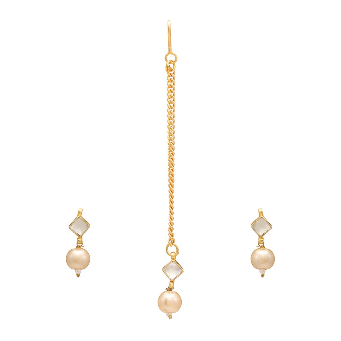 Square Shaped Kundan Stud Earrings & Maang Tikka Jewelry Set With Pearls Bead Drop - Image 3
