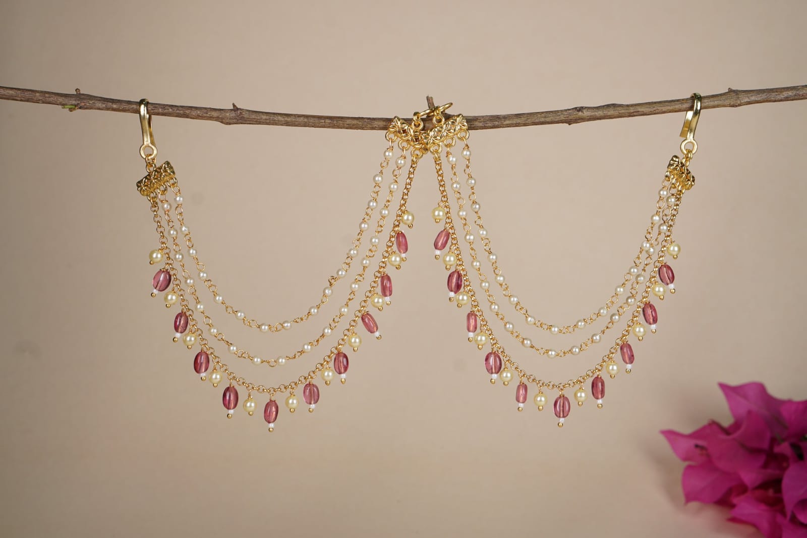 Gold Finish Kundan Polki Ear Chain - Image 2