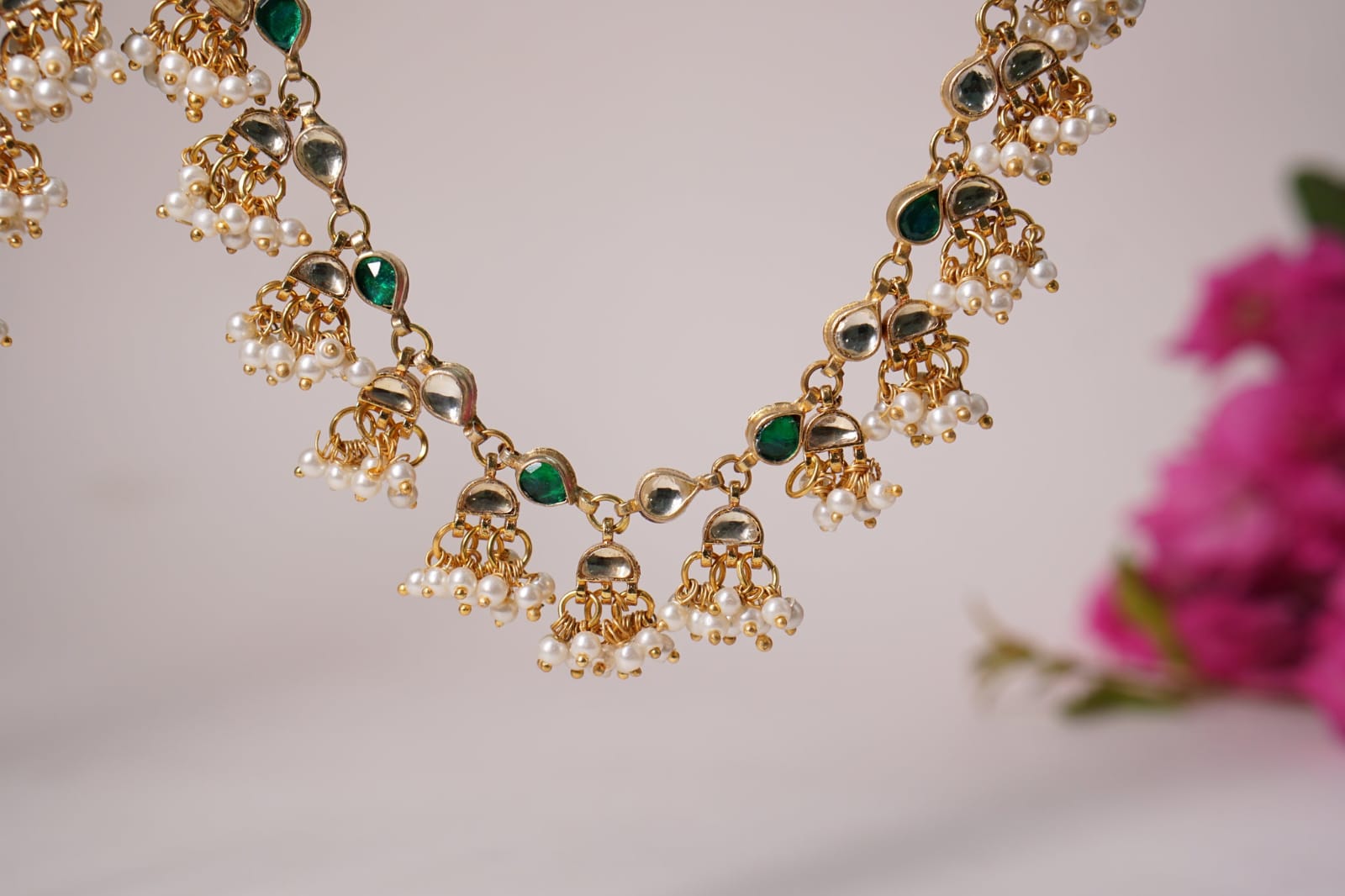 Gold Finish Kundan Polki Ear Chain - Image 3