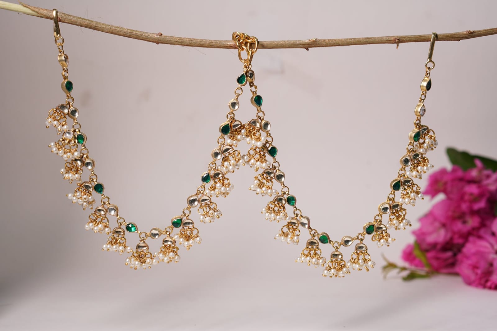 Gold Finish Kundan Polki Ear Chain
