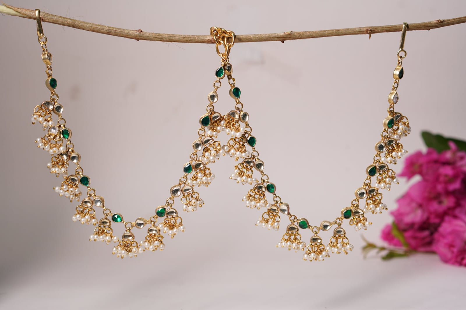 Gold Finish Kundan Polki Ear Chain - Image 5