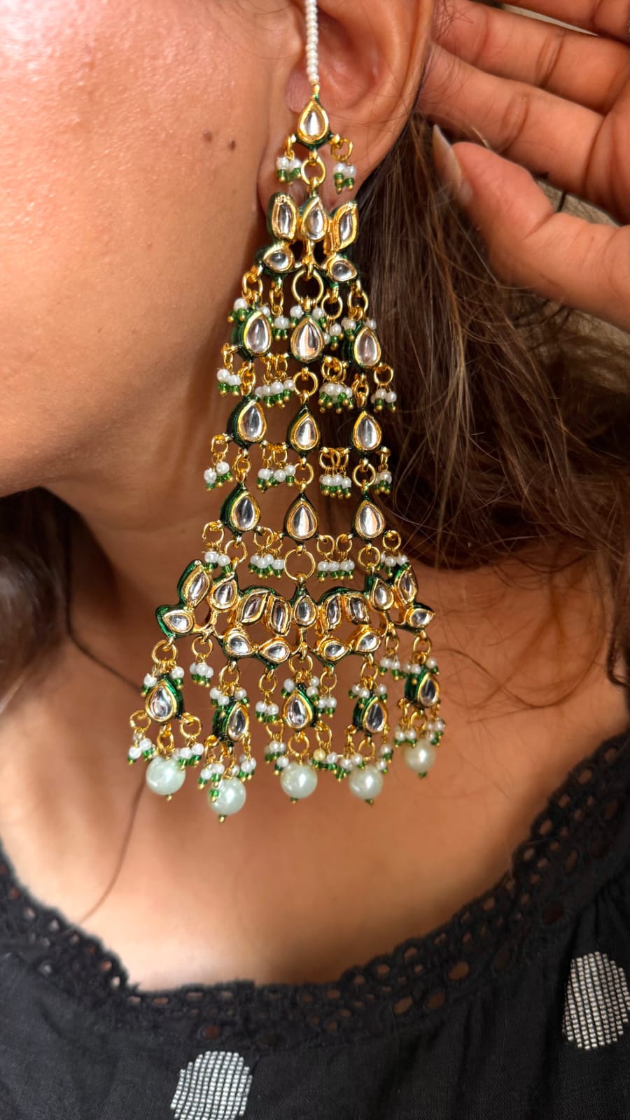 Jade Kundan Long Earrings - Image 2