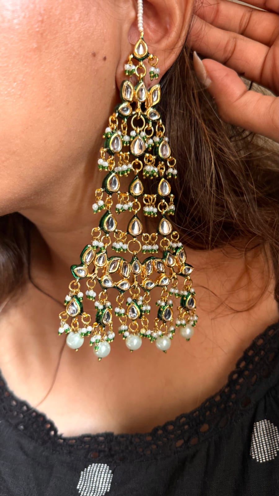 Jade Kundan Long Earrings - Image 3