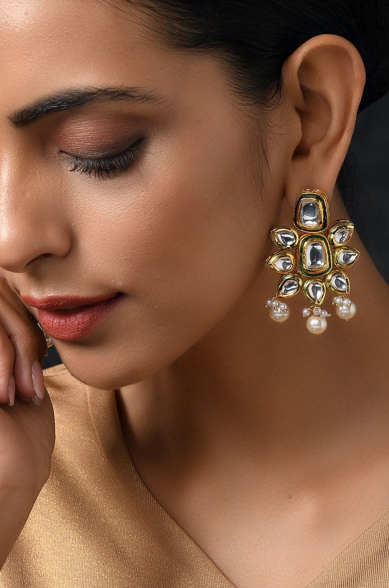 Gold Plated Kundan Earrings with Pearls: Indian Jewelry - Image 2