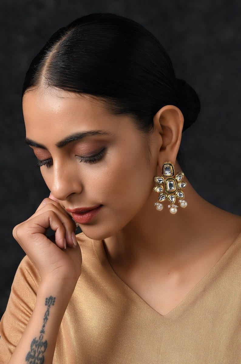 Gold Plated Kundan Earrings with Pearls: Indian Jewelry - Image 4