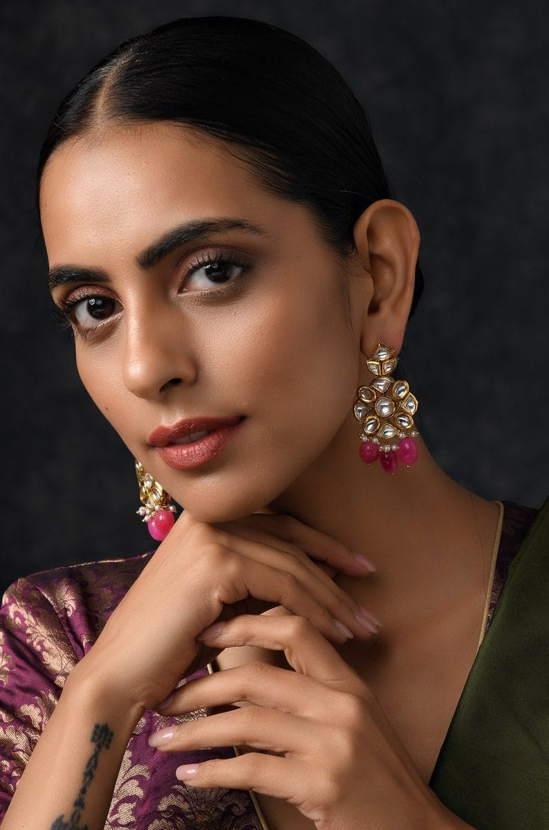 Royal Indian Beaded Earrings Featuring Dangling Pink Stones And Kundan Arranged In Floral Motif - Image 2
