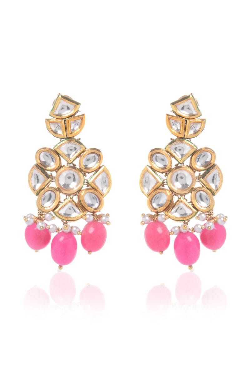 Royal Indian Beaded Earrings Featuring Dangling Pink Stones And Kundan Arranged In Floral Motif