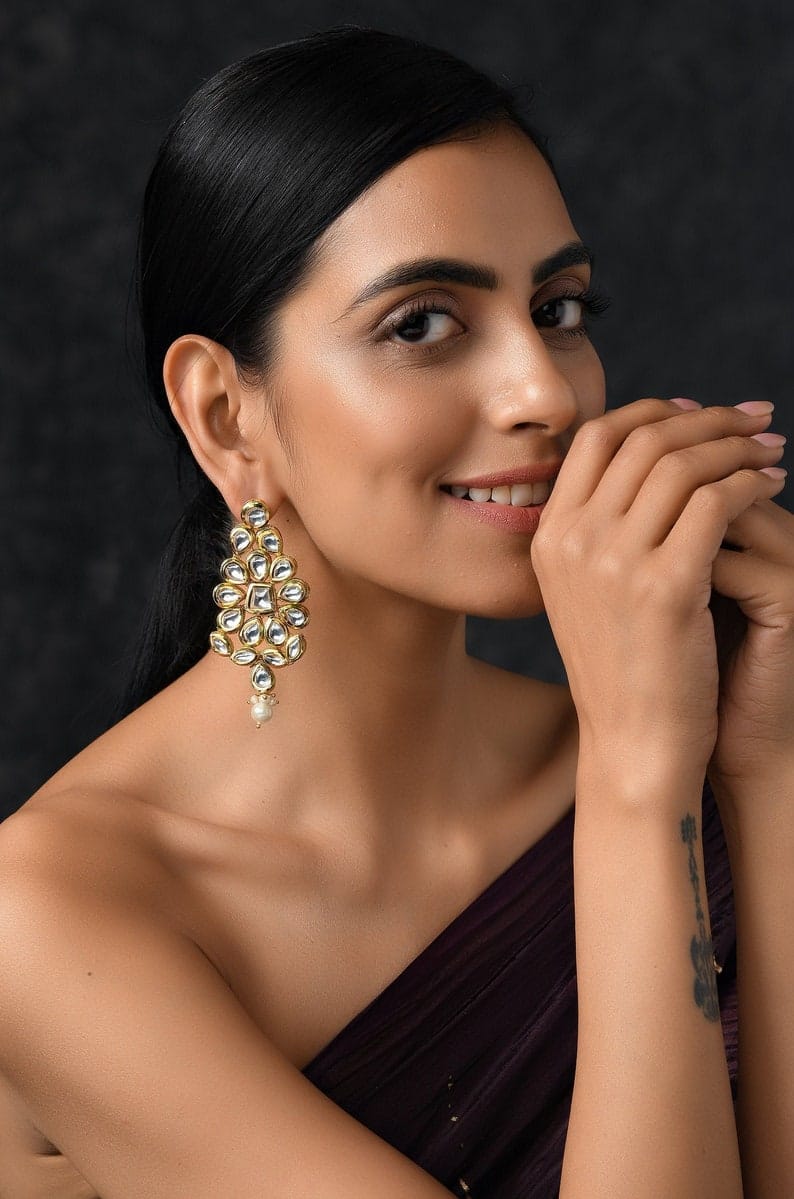 Gold Plated Pearls, Diamonds Handcrafted Kundan Bead Drop Danglers - Image 2