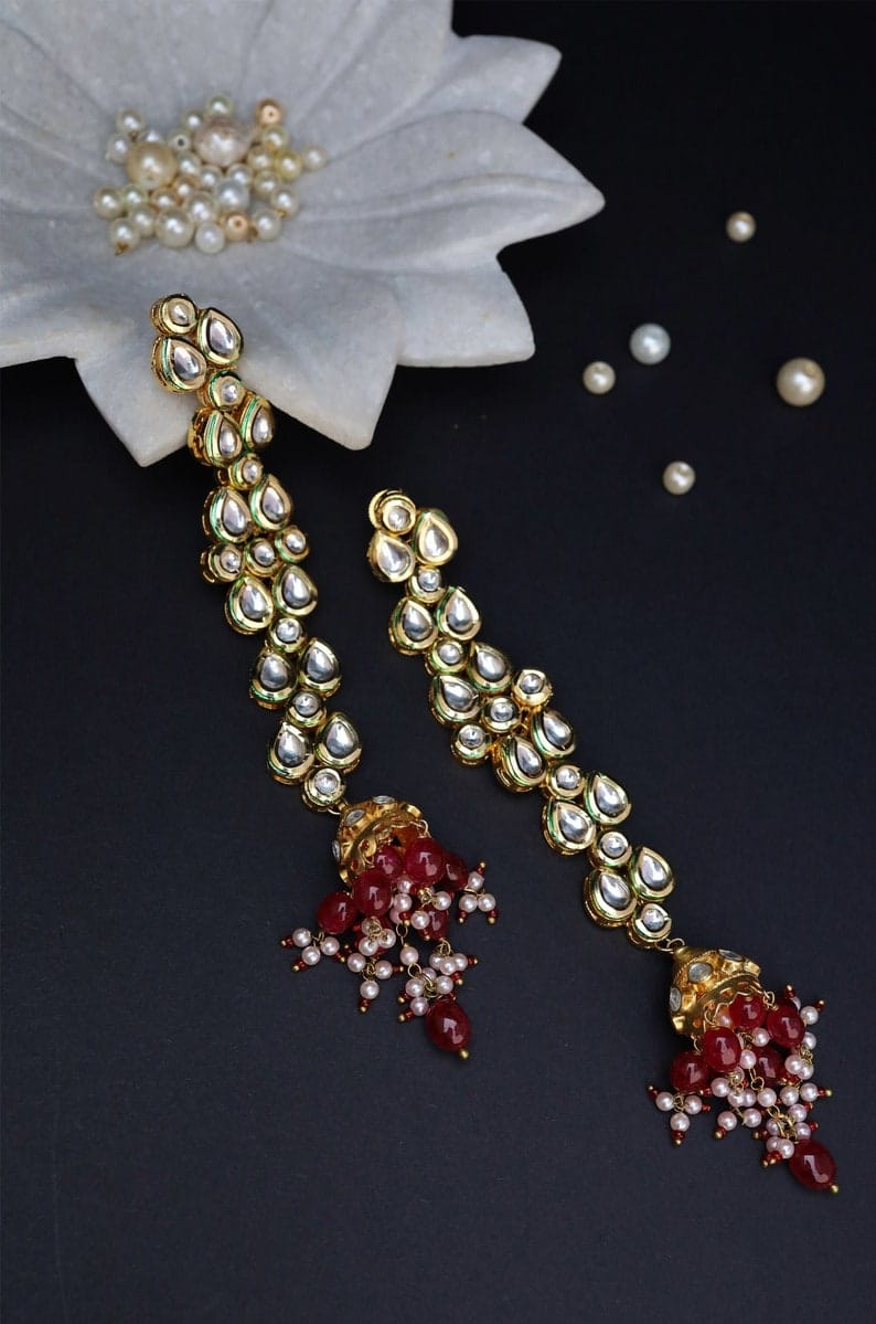 Dabi Kundan Earring With Maroon Red Meena and Beads