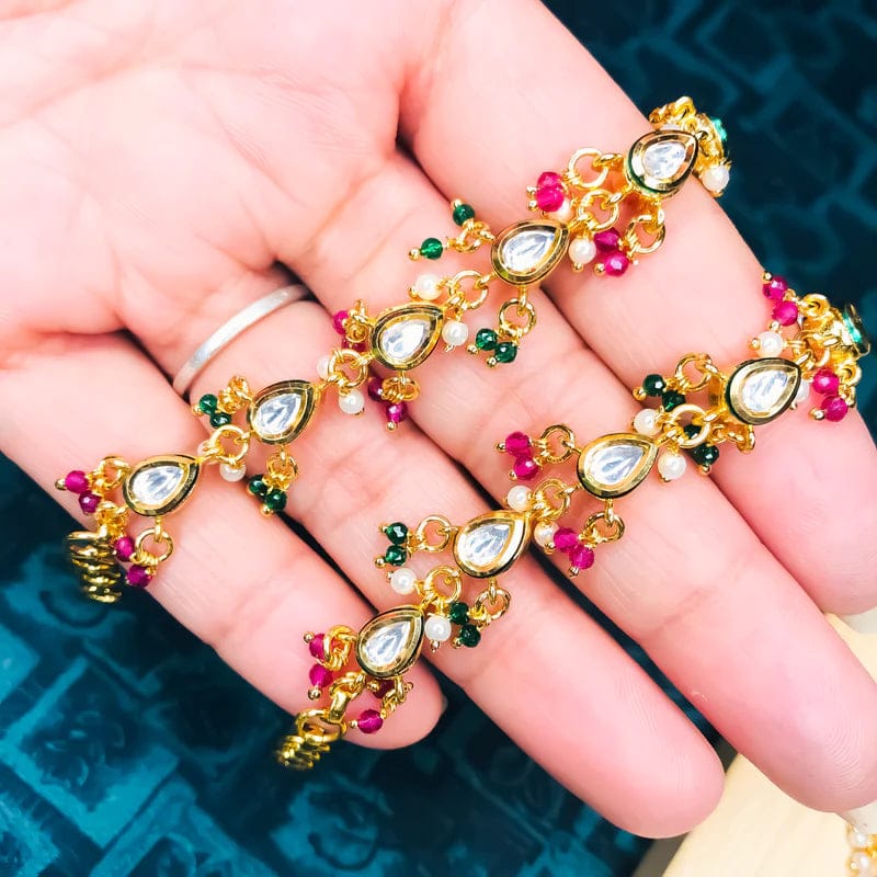 Green Kundan And Pearl Beaded Ear Chain - Image 2