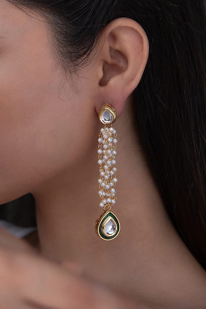 Gold Plated Kundan Polki & Pearl Dangler Earrings - Image 3