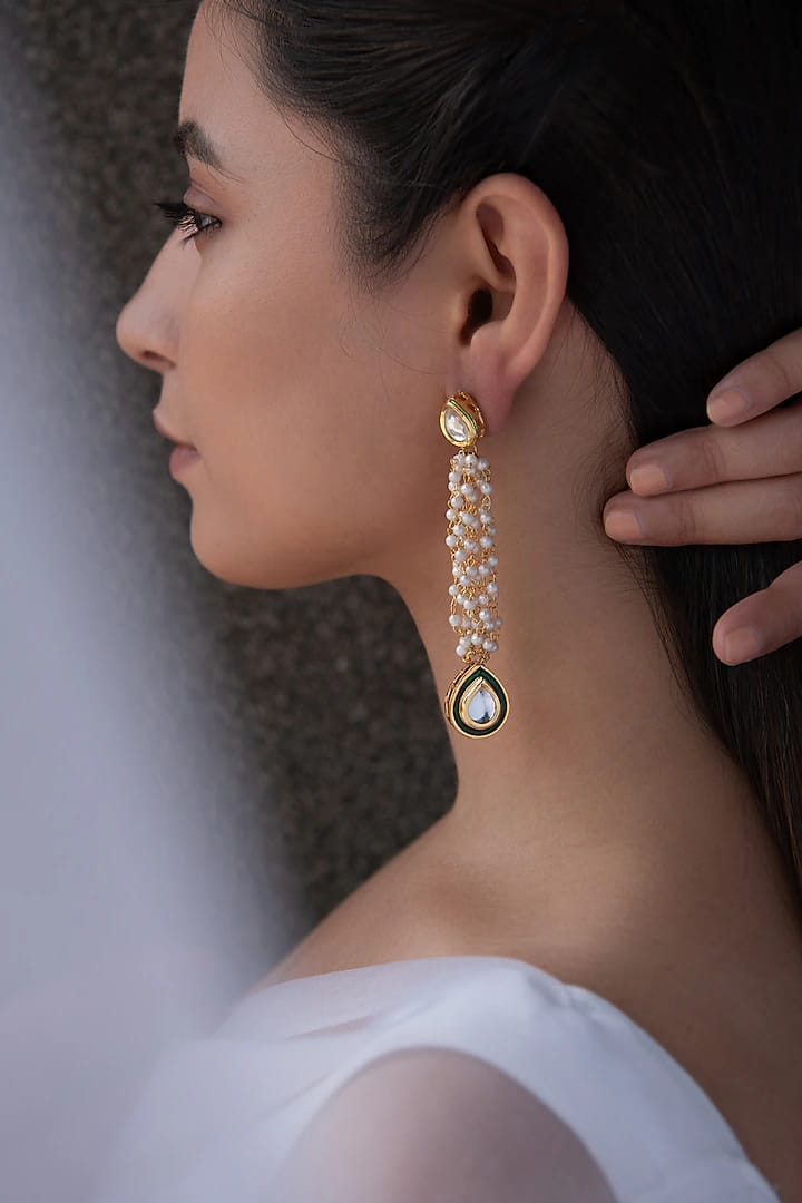 Gold Plated Kundan Polki & Pearl Dangler Earrings - Image 2