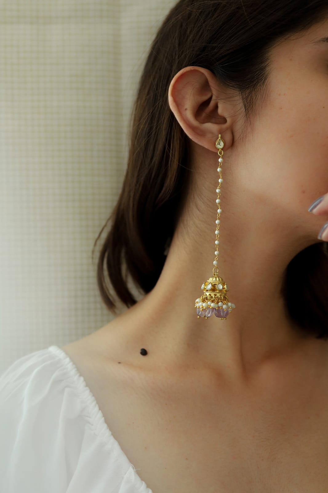 Gold Plated Amethyst Stone & Pearl Jhumka Earrings - Image 2