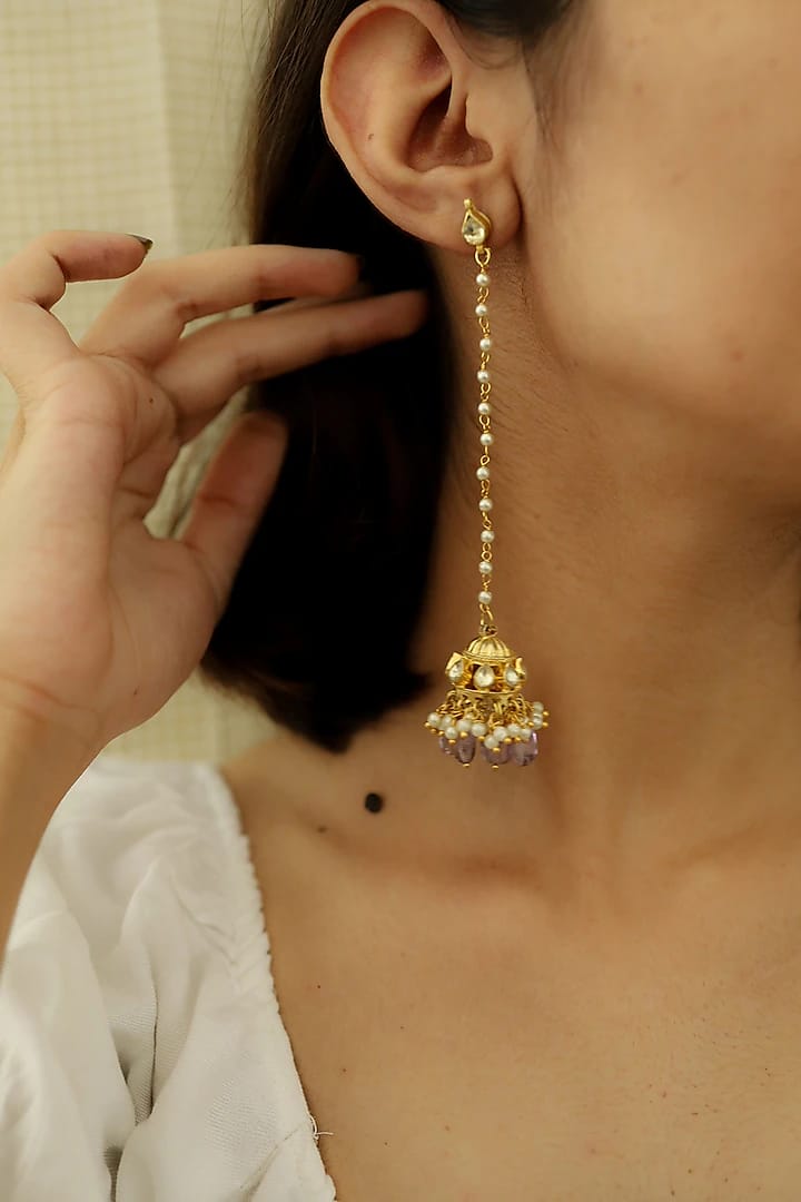 Gold Plated Amethyst Stone & Pearl Jhumka Earrings