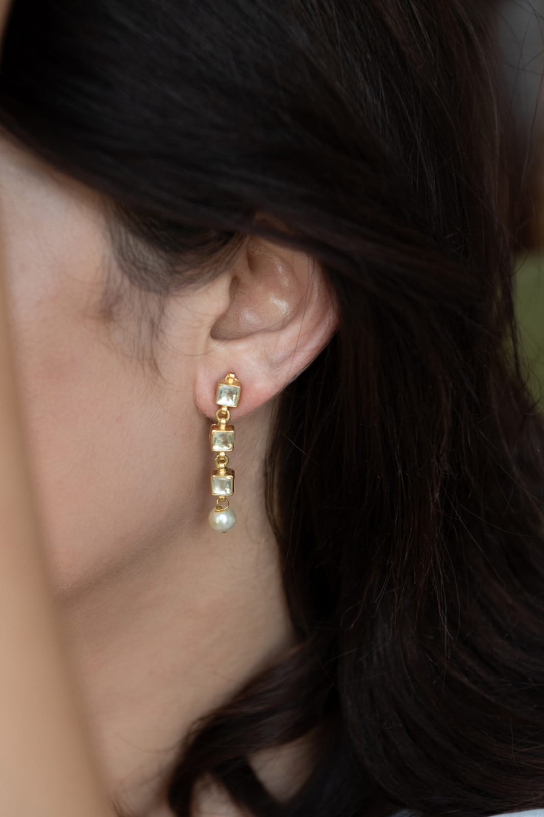 Gold Plated Kundan Ditsy Quad Embellished Pearl Drop Earrings - Image 2