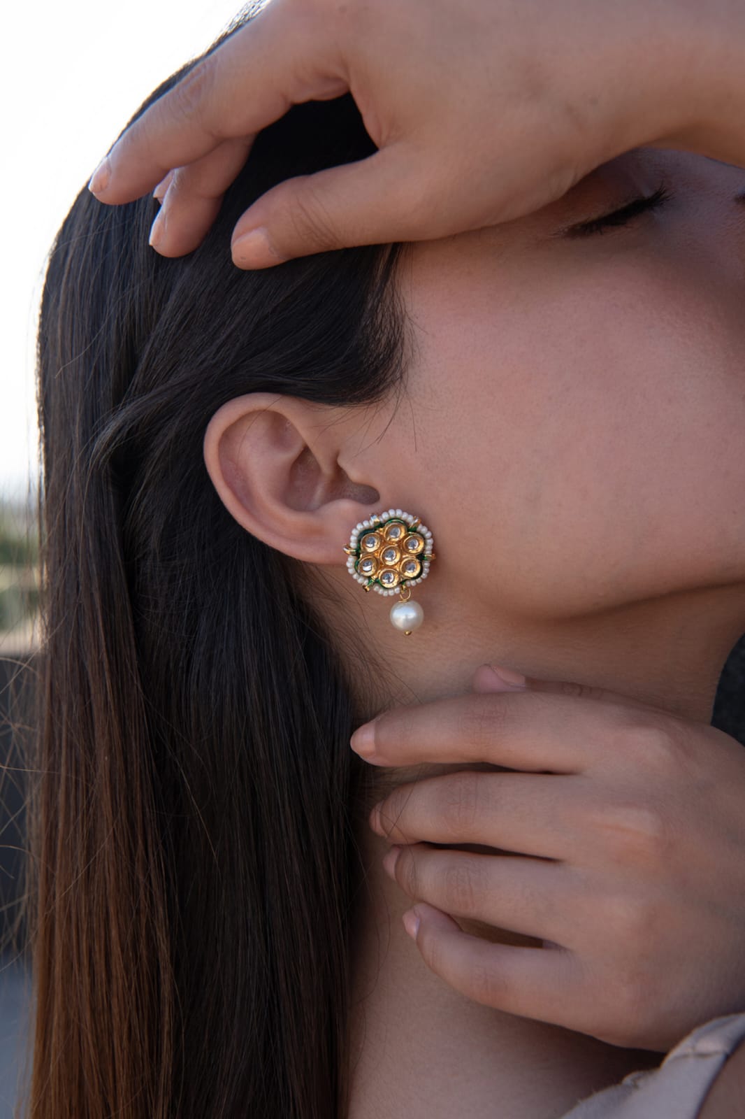 Gold Plated Pearls, Gota Patti Kundan And Shell Embellished Floral Earrings - Image 3