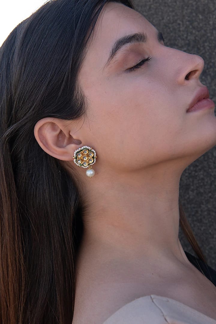 Gold Plated Pearls, Gota Patti Kundan And Shell Embellished Floral Earrings - Image 2