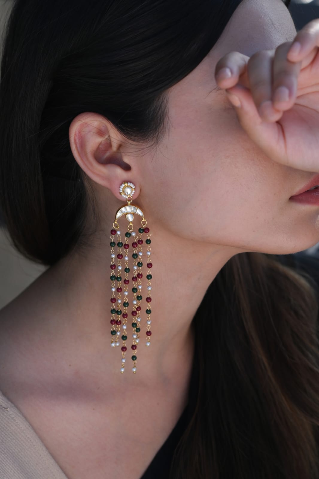 Gold Plated Kundan Polki & Onyx Stud Earrings - Image 3