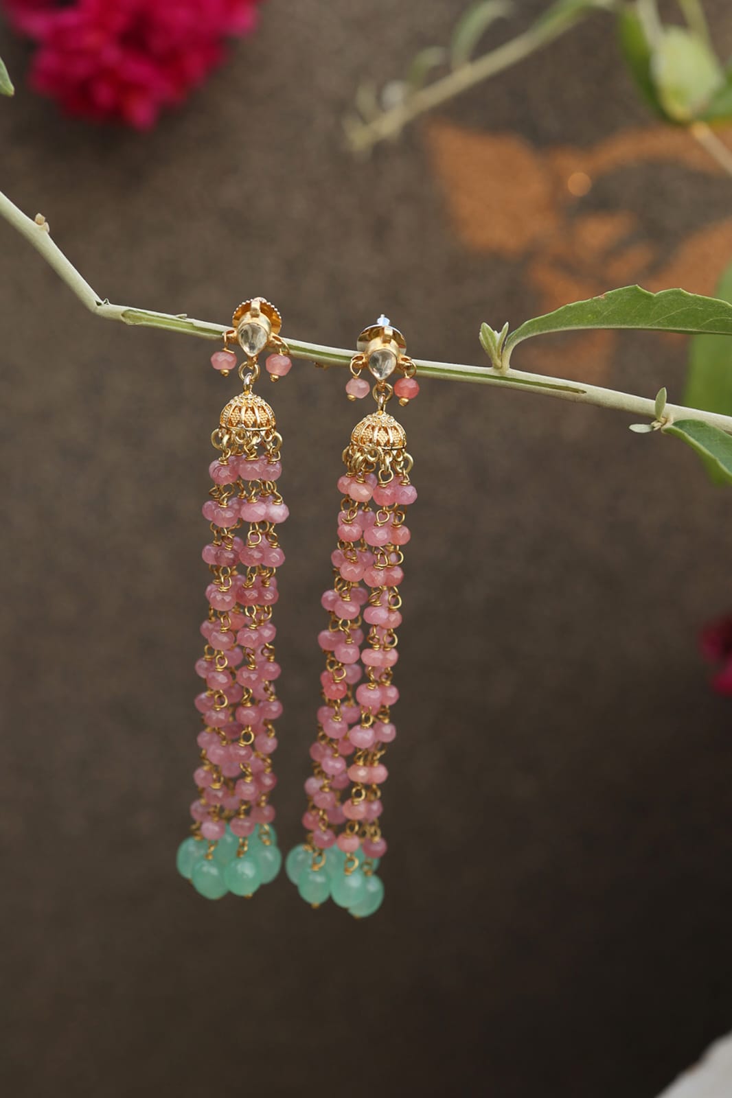 Gold Plated Kundan Polki & Pink Onyx Jhumka Earrings