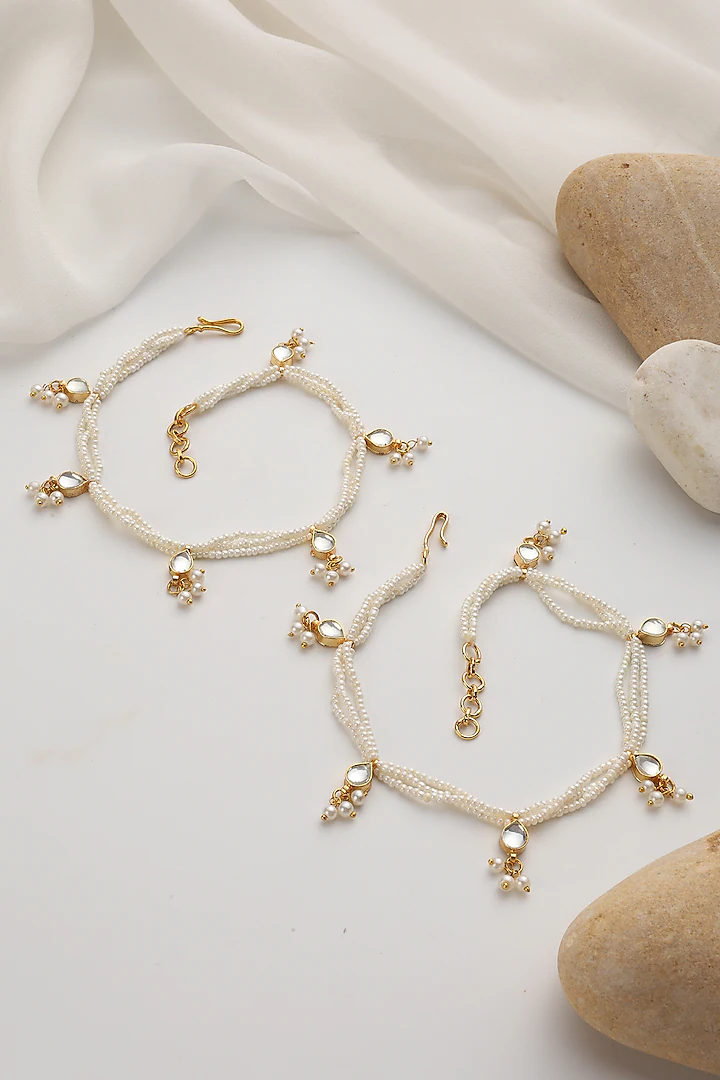 Gold Finish Kundan Polki & Pearl Anklets (Set Of 2) - Image 2