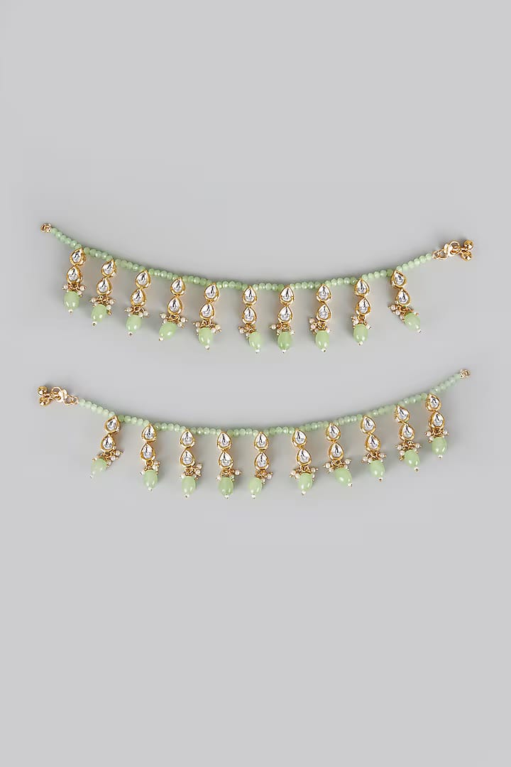 Gold Finish Kundan Polki & Olive Green Beaded Anklets (Set Of 2) - Image 2