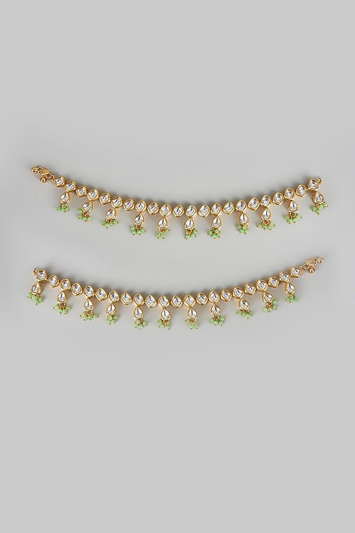 Gold Finish Kundan Polki & Olive Green Beaded Anklets (Set Of 2) - Image 2
