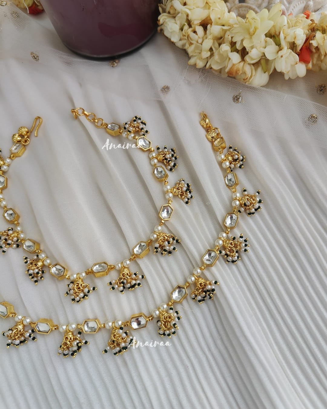 Gold Finish Kundan Polki & Green Beaded Anklets (Set Of 2) - Image 2