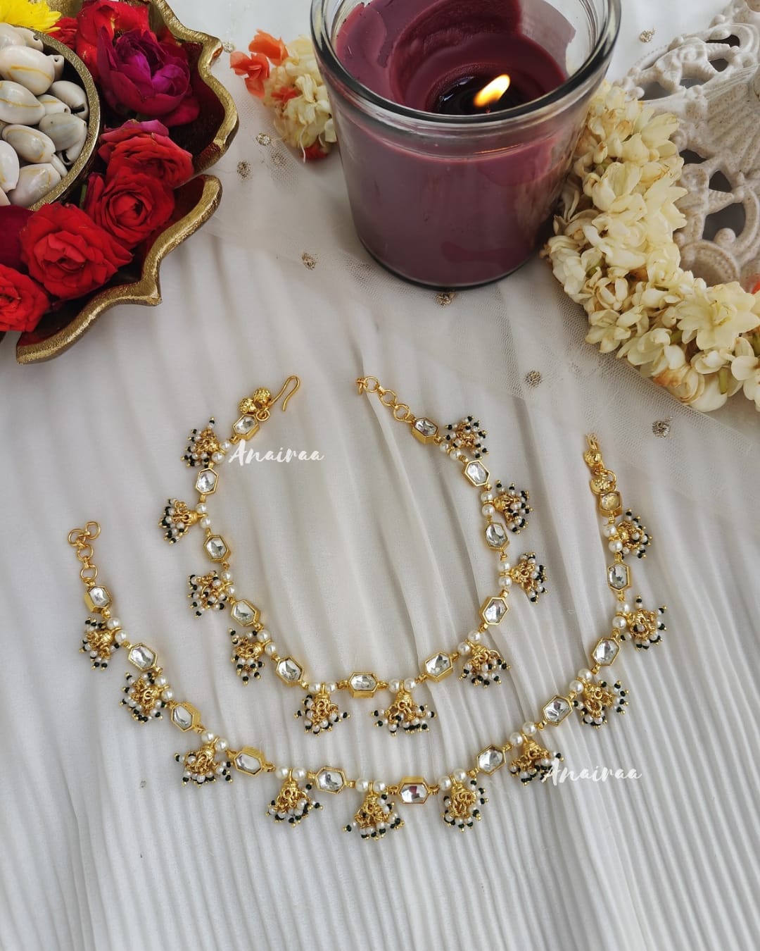 Gold Finish Kundan Polki & Green Beaded Anklets (Set Of 2)