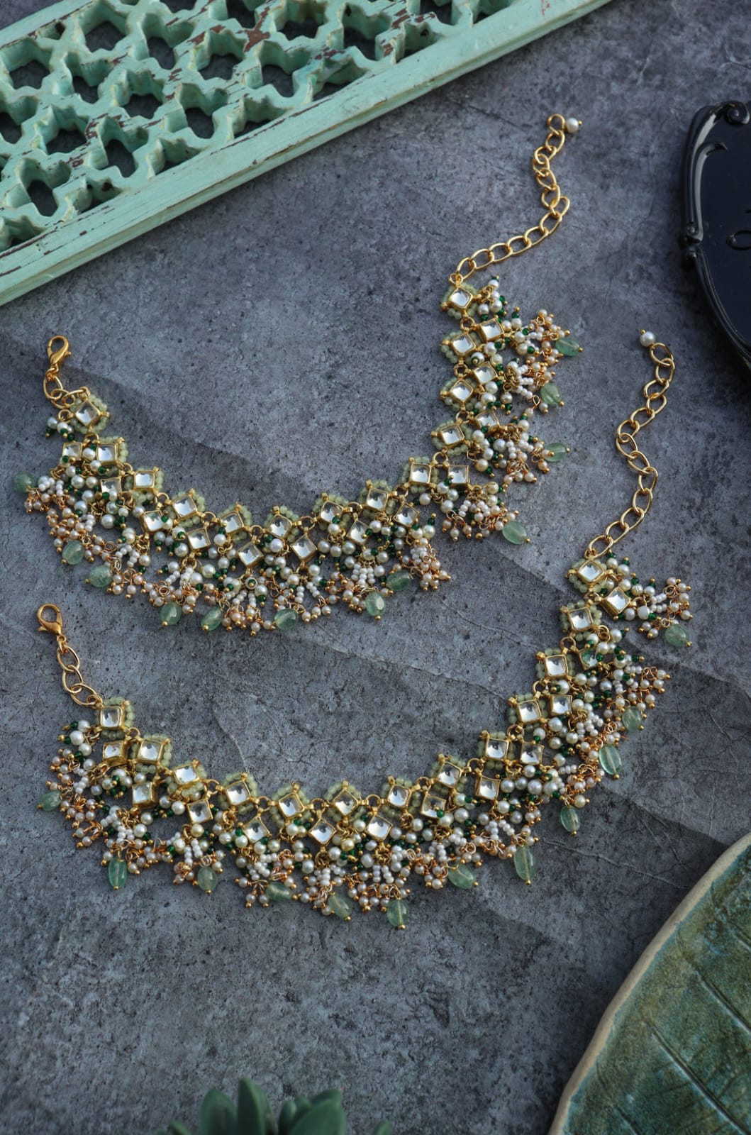 Mint Kundan Anklets - Image 4
