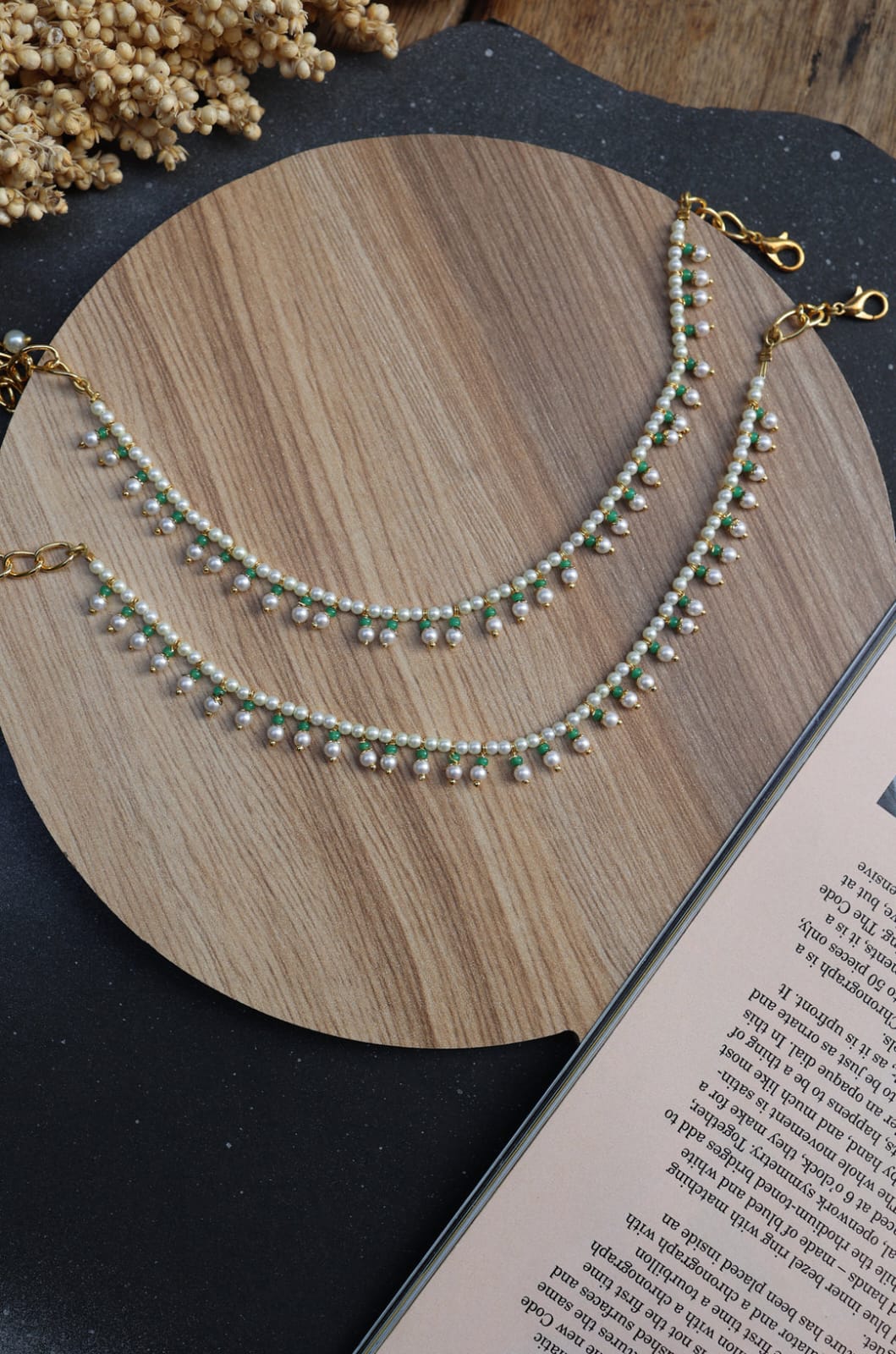 Gold Plated Green Onyx & Seed Pearl Anklets (Set of 2)
